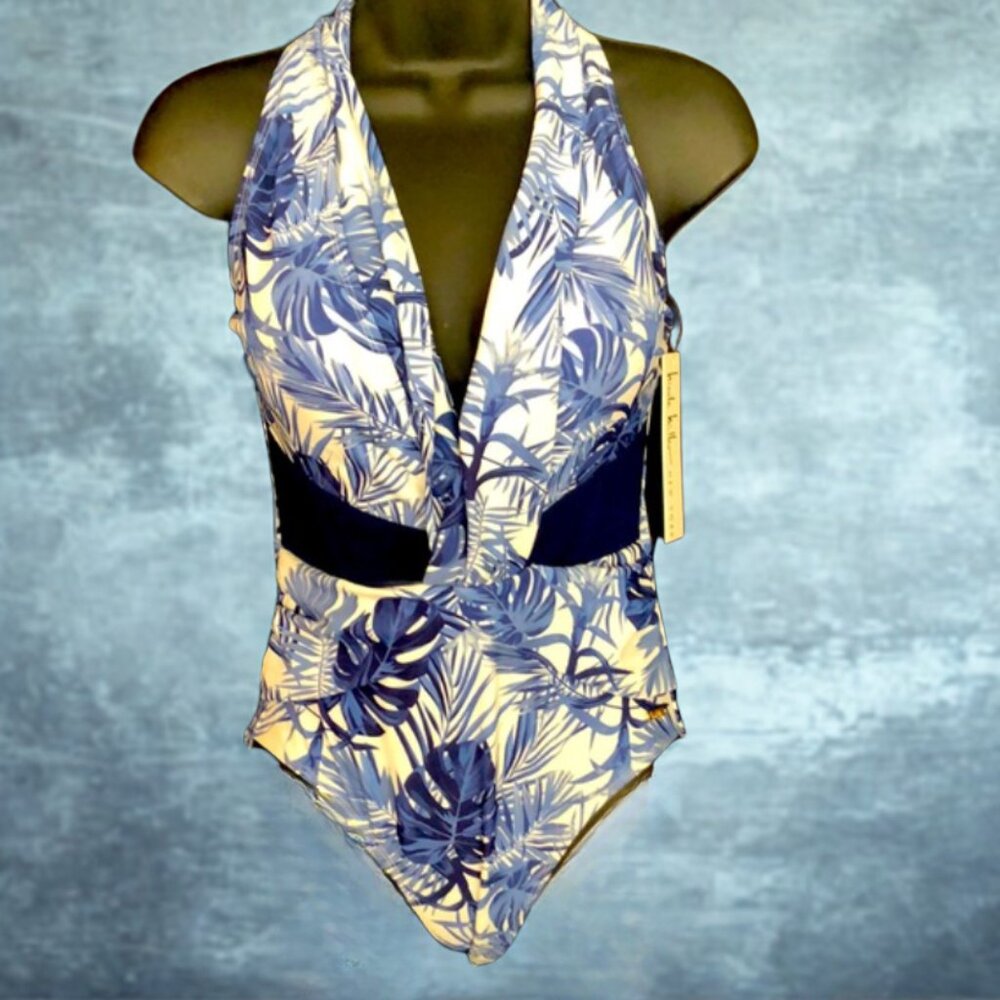 NWT Nicole Miller Blue Leaf Mesh Insert One Piece